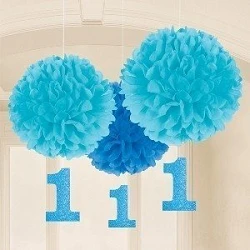 Fluffy Pompom Colgantes Color Azul Con Numero 1 (3 de 40cm y Nº de 17.8 cm )